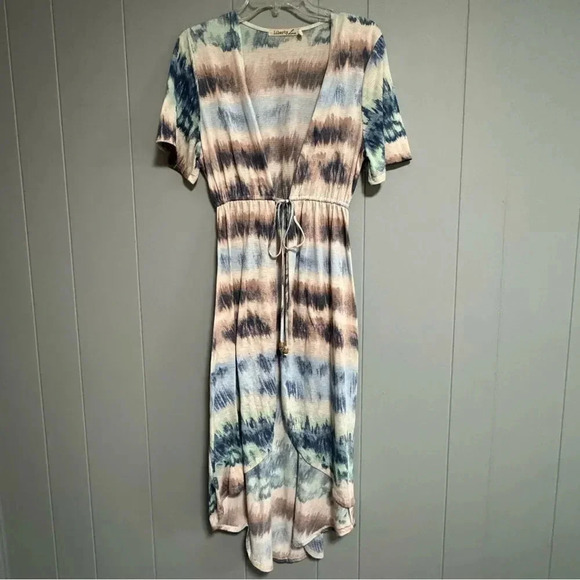 LIBERTY LOVE Tie Dye Swim Cover Tie Waist Wrap Blue Brown Green Cream Size M - Picture 1 of 6